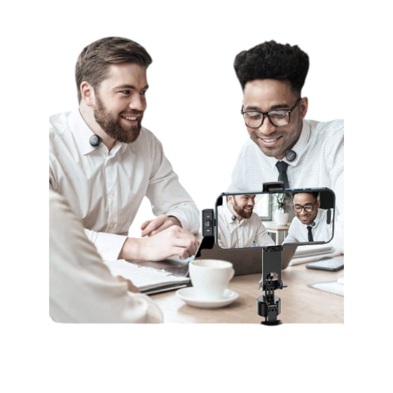 Two men recording a video interview using the OBtech Ven-Dens VD-MIC030 dual wireless microphone system on a smartphone