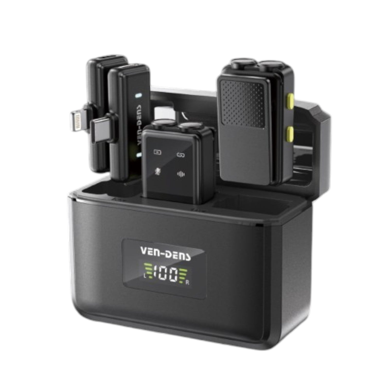 OBtech Ven-Dens VD-MIC017 dual wireless microphone system with charging case, two transmitters, and receiver.