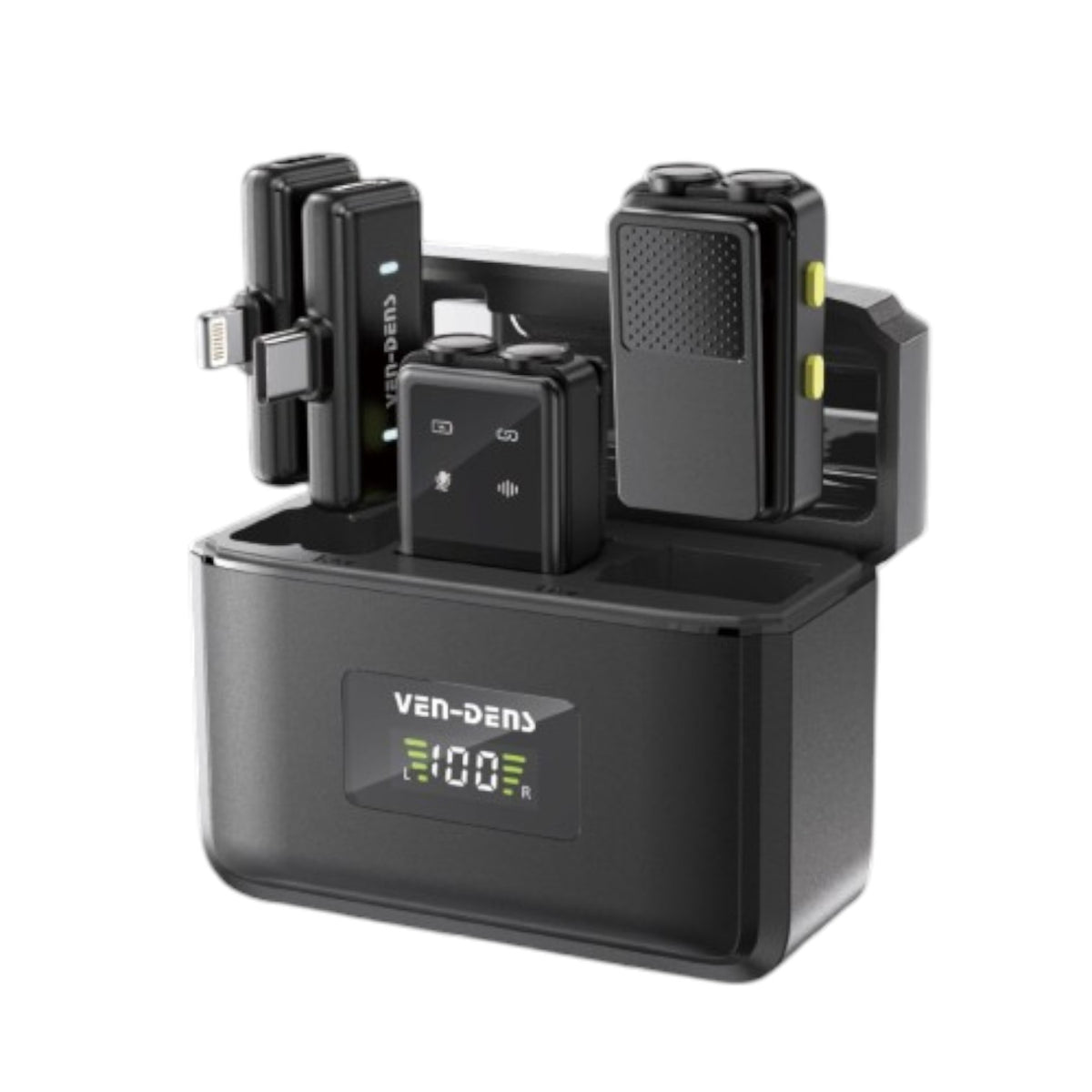 OBtech Ven-Dens VD-MIC017 dual wireless microphone system with charging case, two transmitters, and receiver.