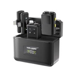 OBtech Ven-Dens VD-MIC017 dual wireless microphone system with charging case, two transmitters, and receiver.