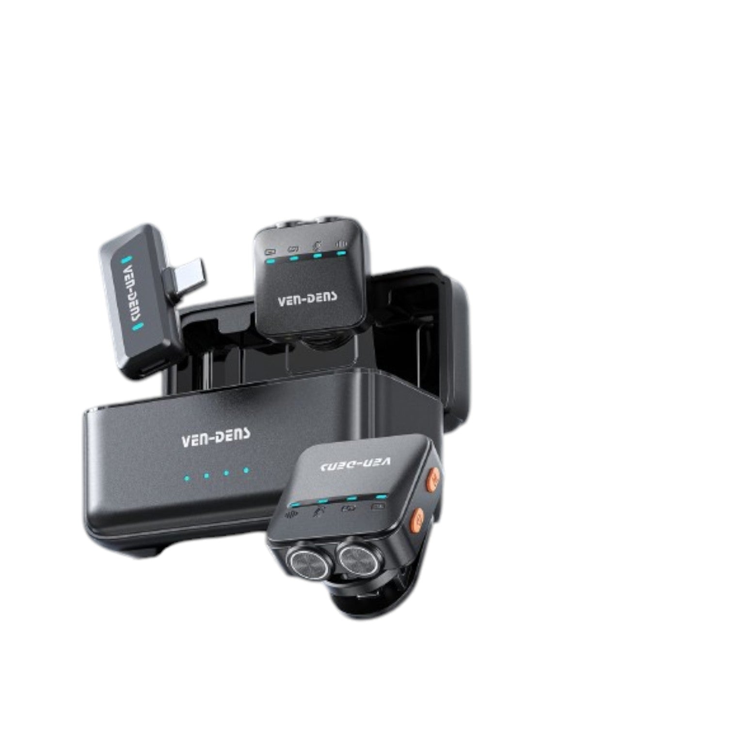 OBtech Ven-Dens VD-MIC028 dual wireless microphone system with charging case, transmitter, and receiver in black.
