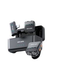 OBtech Ven-Dens VD-MIC028 dual wireless microphone system with charging case, transmitter, and receiver in black.