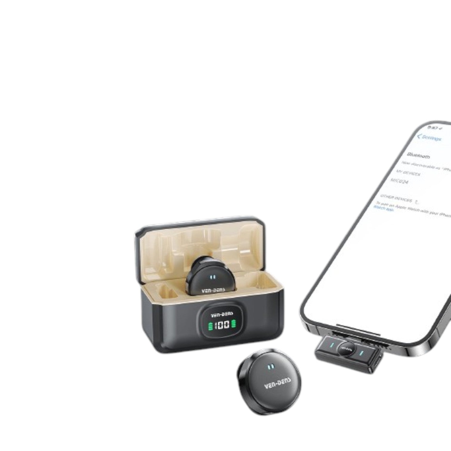 OBtech Ven-Dens VD-MIC030 dual wireless microphone system with charging case and smartphone receiver