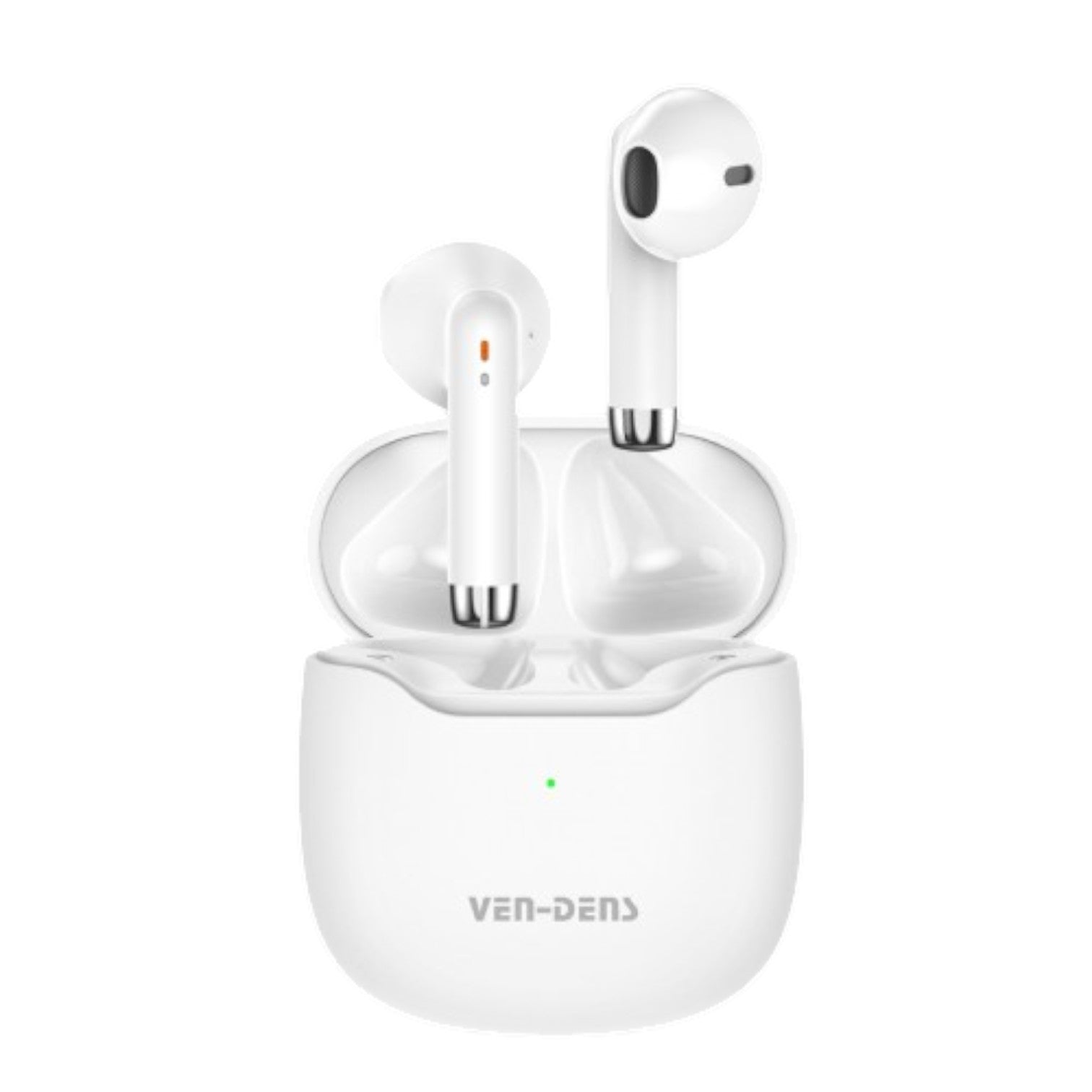 OBtech Ven-Dens VD-BT030 white wireless earbuds with charging case featuring a sleek ergonomic design