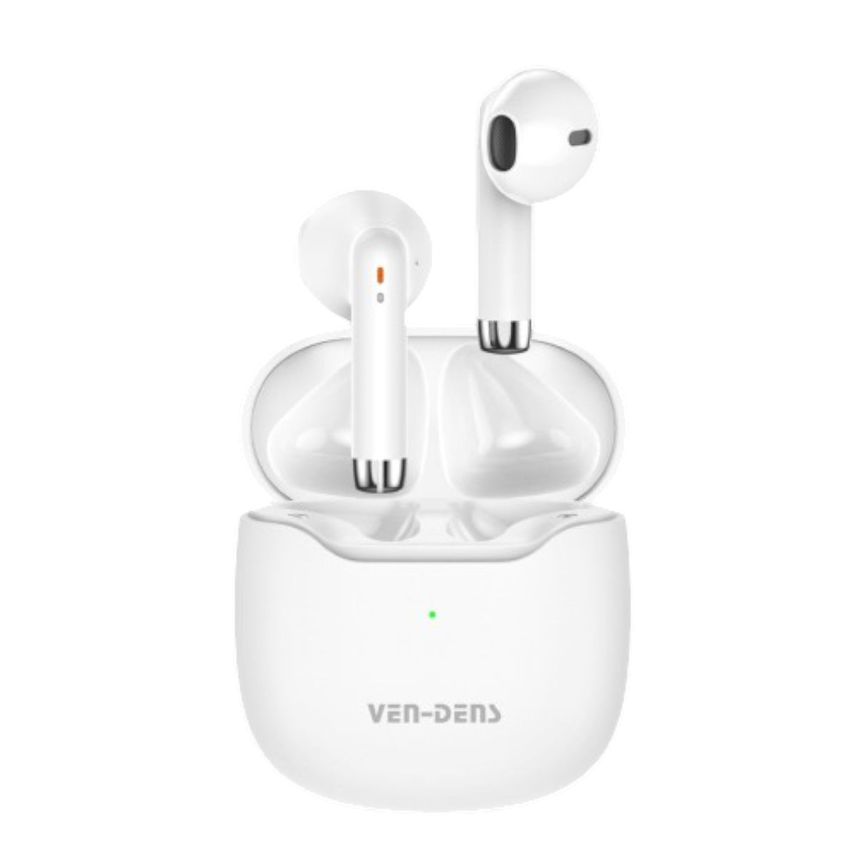 OBtech Ven-Dens VD-BT030 white wireless earbuds with charging case featuring a sleek ergonomic design