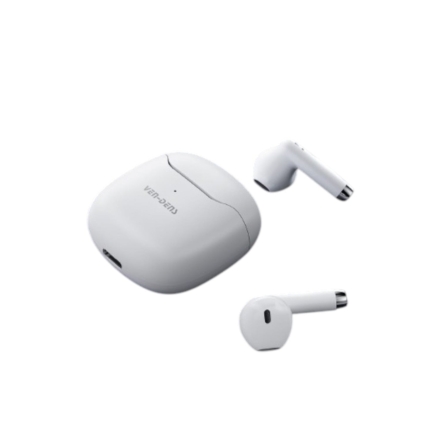 OBtech Ven-Dens VD-BT030 white wireless earbuds with a sleek portable charging case for clear audio and calls