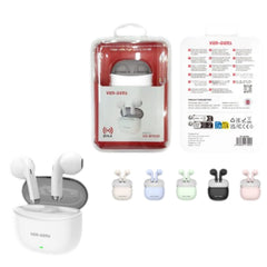 OBtech Ven-Dens VD-BT030 wireless earbuds in white with charging case and various color options in retail packaging.