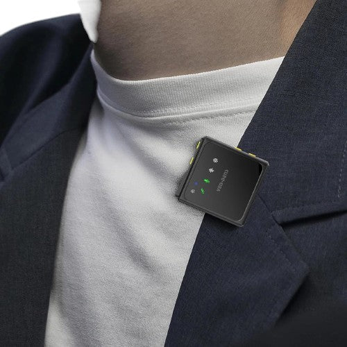 OBtech Ven-Dens VD-MIC011 wireless lavalier microphone clipped to a blazer lapel for professional audio recording