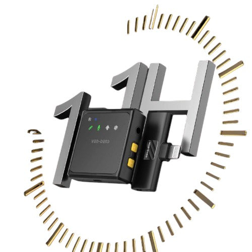 OBtech Ven-Dens VD-MIC011 wireless lavalier microphone set with Type-C receiver against a clock graphic background.