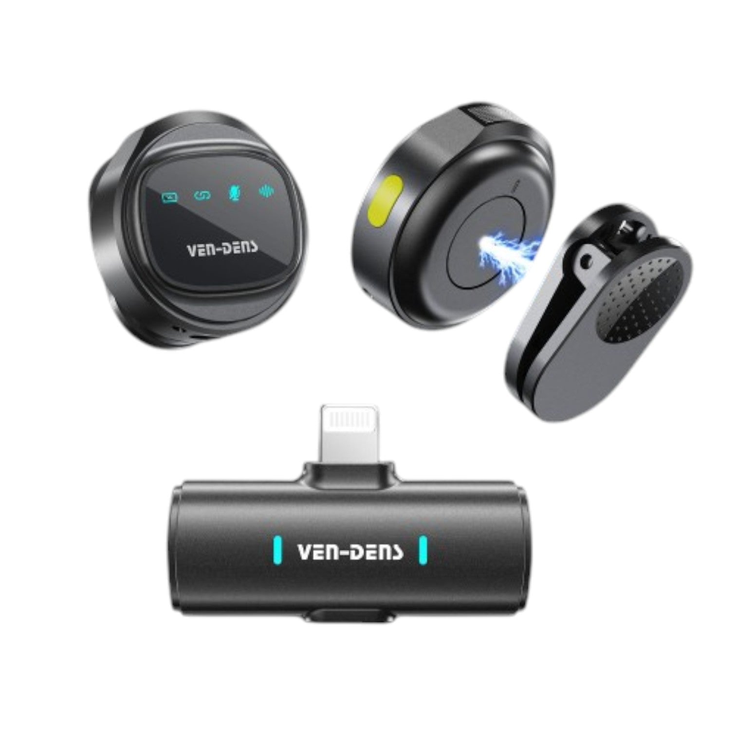 OBtech Ven-Dens VD-MIC021 wireless microphone set with black transmitter, receiver, and clip for clear audio recording