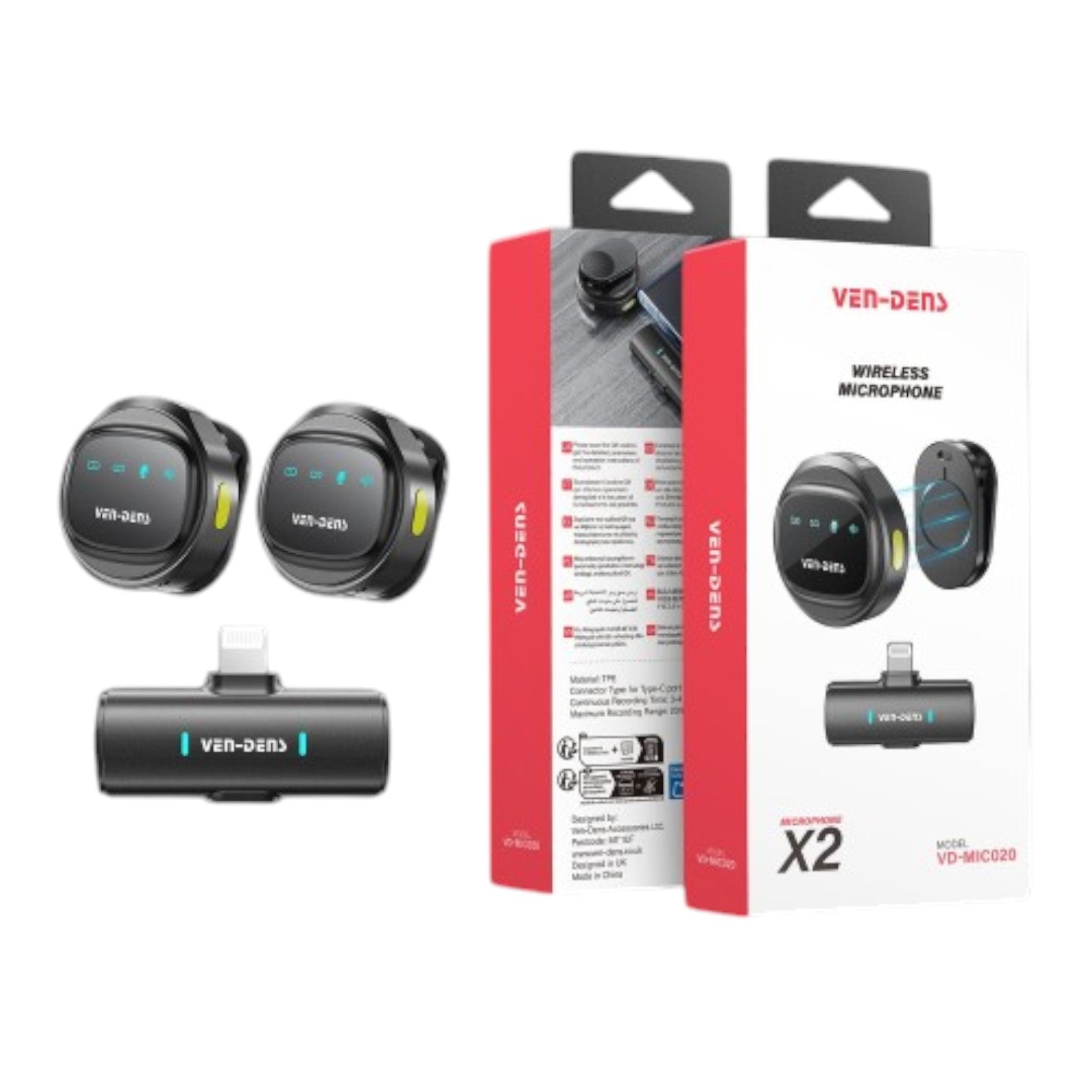OBtech Ven-Dens VD-MIC021 wireless microphone set with two transmitters and a receiver in retail packaging