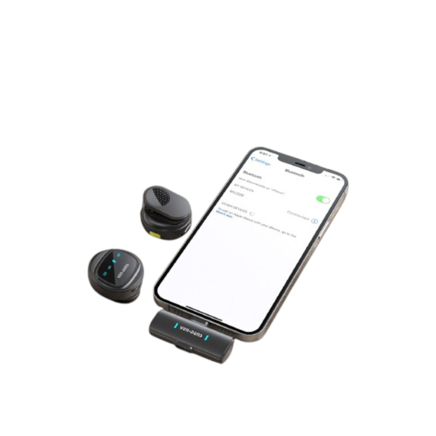 OBtech Ven-Dens VD-MIC021 wireless microphone set with two transmitters and a receiver connected to a smartphone