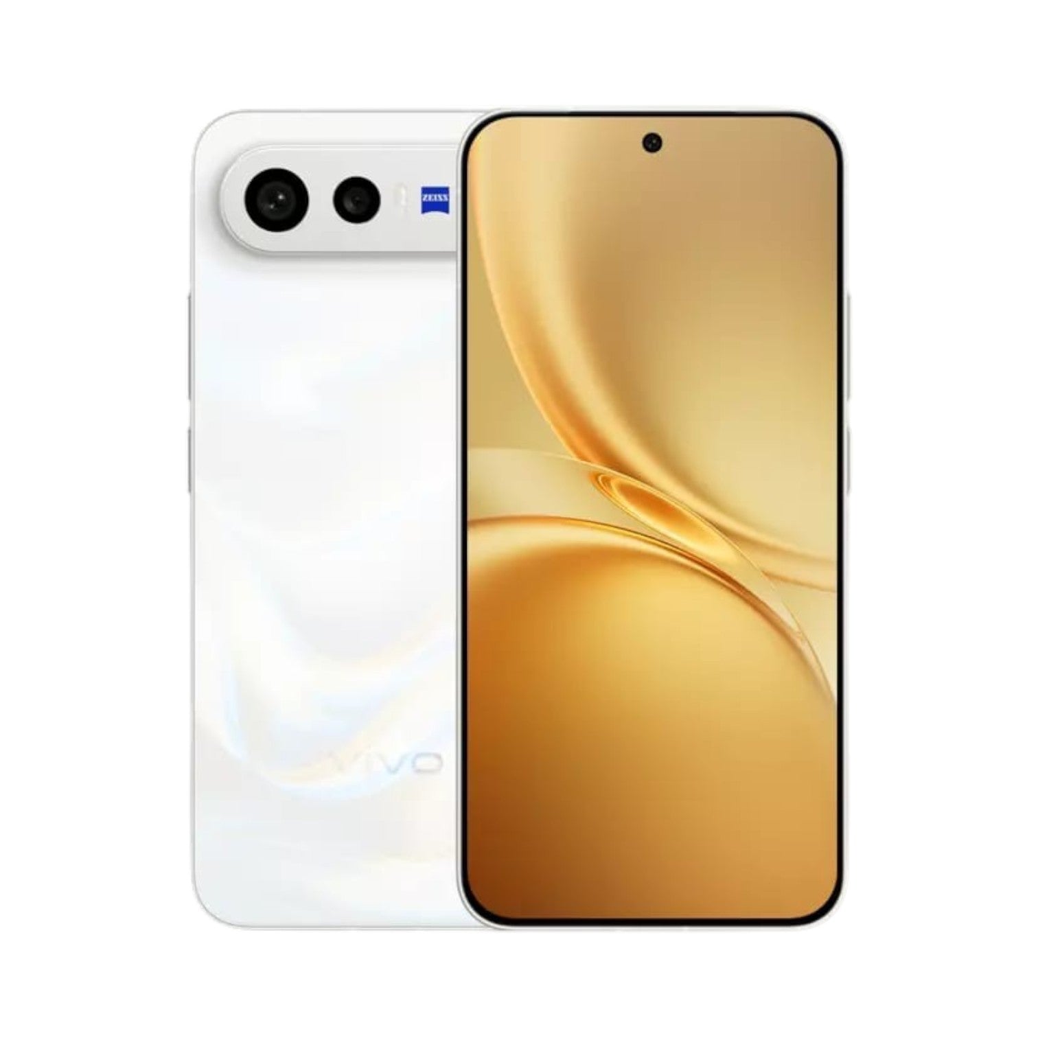 OBtech vivo X300 FE smartphone in white with a gold display and dual rear camera system featuring ZEISS optics.