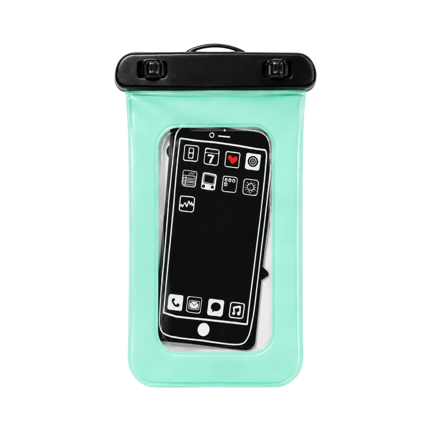 OBtech waterproof mobile phone pouch in mint green with a secure black locking seal for beach and outdoor use.