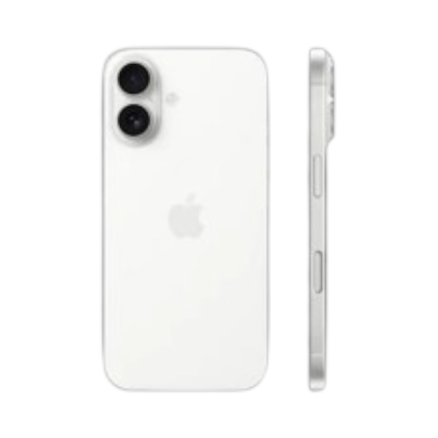OBtech white iPhone 16 showing the rear dual-camera system and side profile with volume buttons