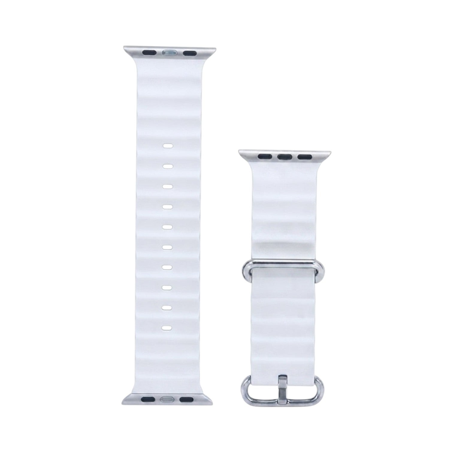 OBtech white silicone replacement strap for Apple and Galaxy smartwatches with a textured design and metal buckle.
