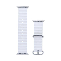 OBtech white silicone replacement strap for Apple and Galaxy smartwatches with a textured design and metal buckle.