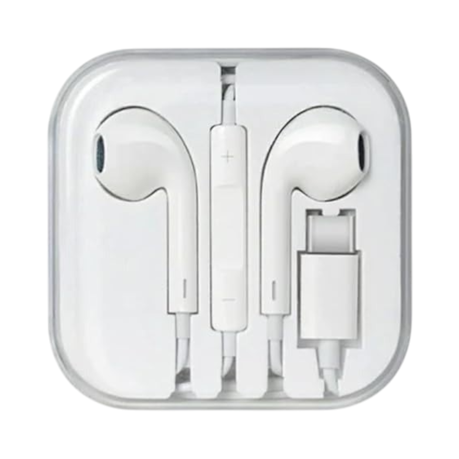 OBtech white wired earphones with USB Type-C connector and inline volume control in a compact plastic storage case