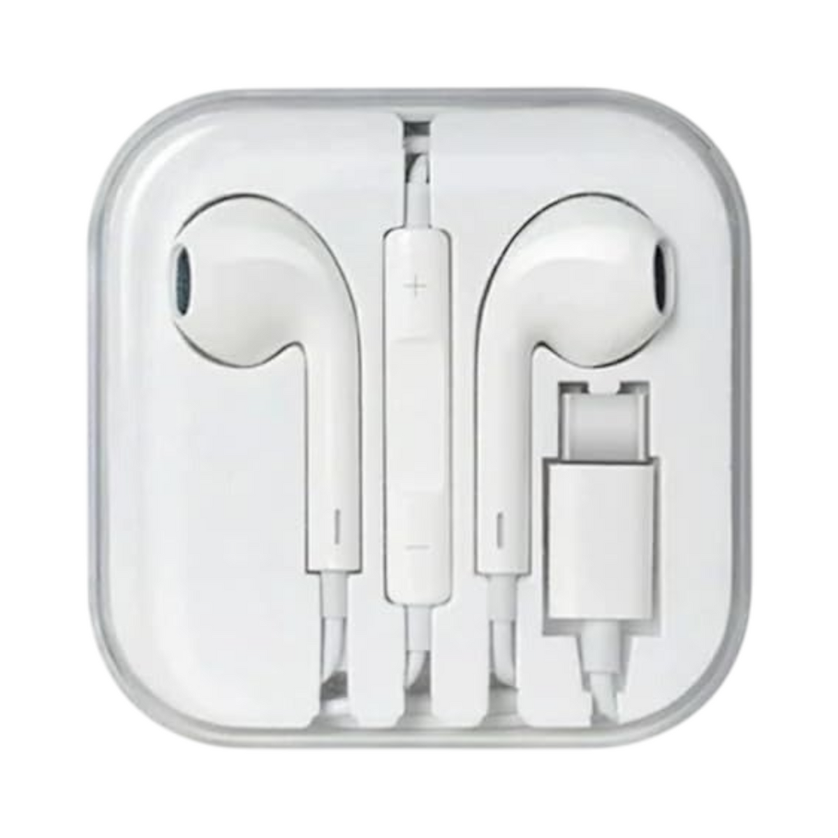 OBtech white wired earphones with USB Type-C connector and inline volume control in a compact plastic storage case