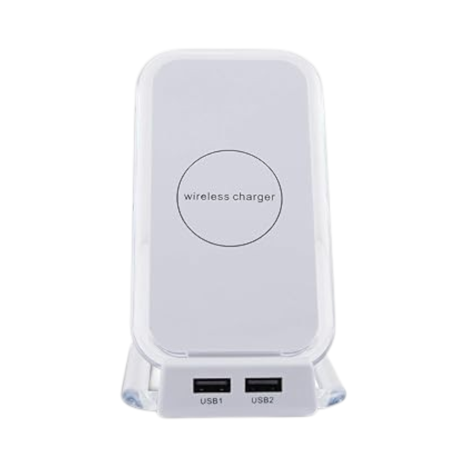 OBtech white desktop wireless charging stand with dual USB ports for organized device charging on a workstation.