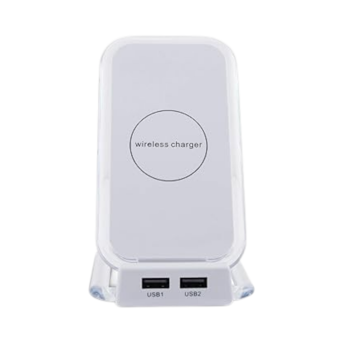 OBtech white desktop wireless charging stand with dual USB ports for organized device charging on a workstation.