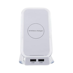 OBtech white desktop wireless charging stand with dual USB ports for organized device charging on a workstation.
