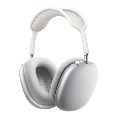 OBtech white over-ear wireless headphones with a stainless steel frame and soft memory foam ear cushions.