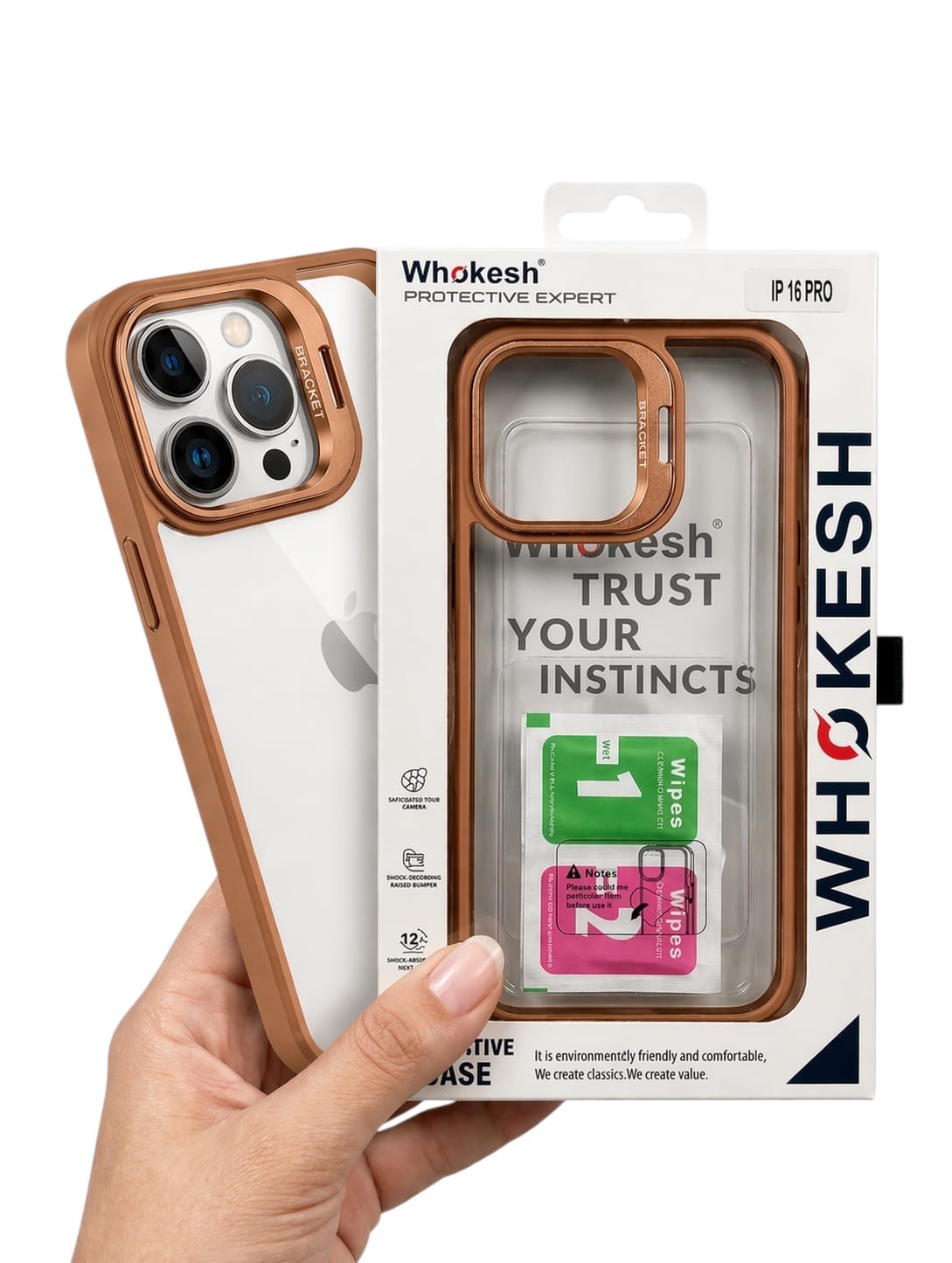 OBtech Whokesh transparent PC iPhone 16 Pro case with a metallic bronze frame and raised camera protection in packaging