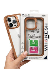 OBtech Whokesh transparent PC iPhone 16 Pro case with a metallic bronze frame and raised camera protection in packaging