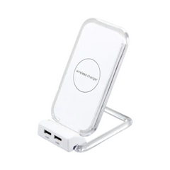 OBtech desktop wireless charging stand in white with dual USB ports for organized device charging on a desk
