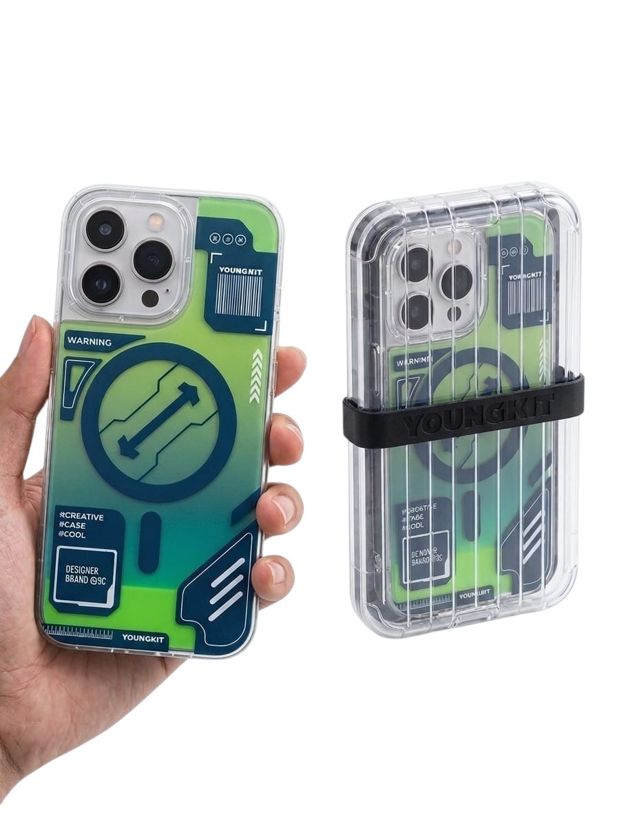 OBtech Young Kit Cool 16 Pro Max cover featuring a green and blue graphic design with a clear, shock-resistant frame.