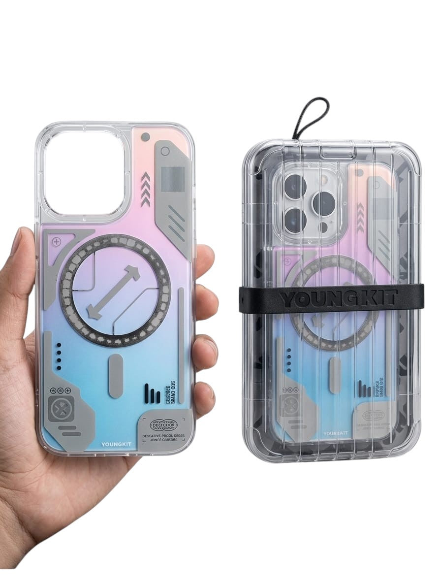 OBtech Young Kit Cool 16 Pro Max cover with iridescent gradient design and protective ribbed carry case