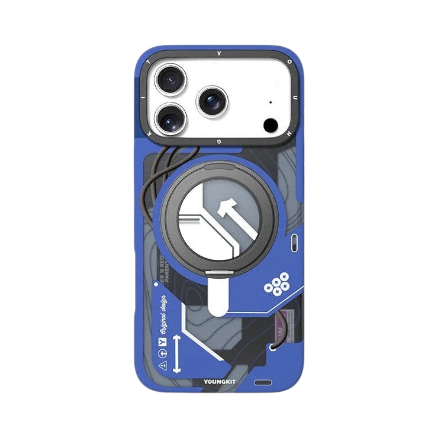 OBtech YOUNGKIT blue tech-inspired protective case for iPhone 17 Pro Max with magnetic charging ring
