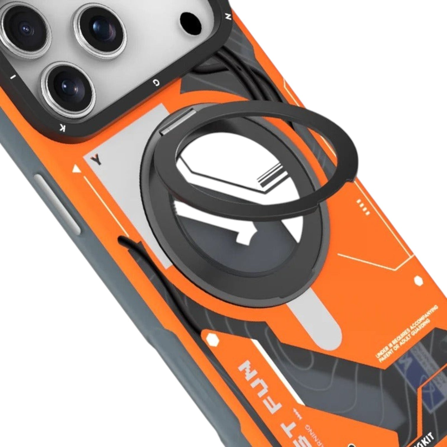 OBtech YOUNGKIT iPhone 17 Pro Max case in orange and black with a tech-inspired pattern and integrated ring stand.