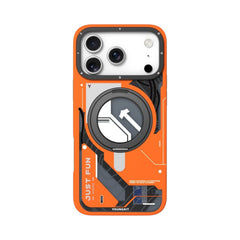 OBtech YOUNGKIT iPhone 17 Pro Max case in orange with a futuristic tech-inspired graphic and magnetic ring mount.