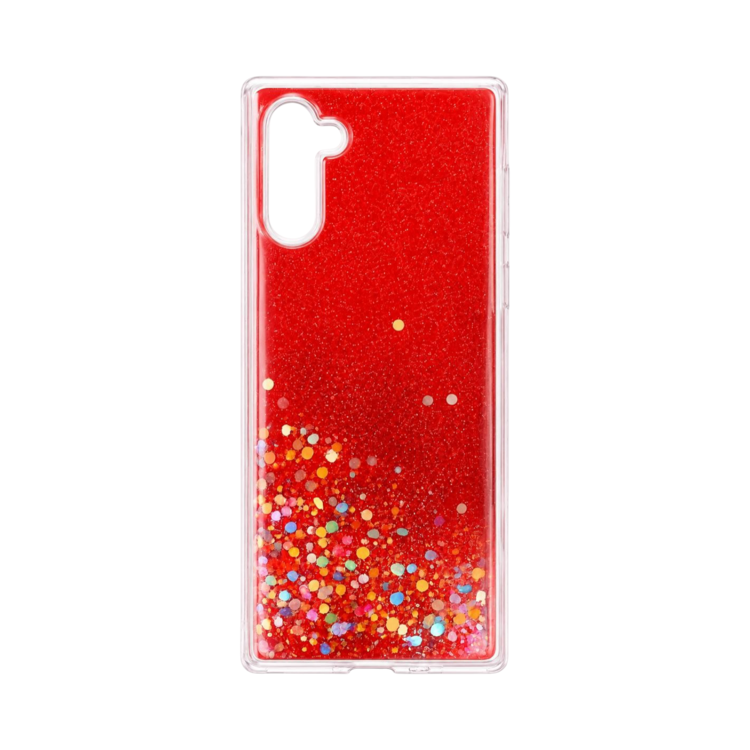 OBtech YOUNOS Samsung Galaxy Note 10 glitter case in vibrant red with multi-colored sparkling confetti accents