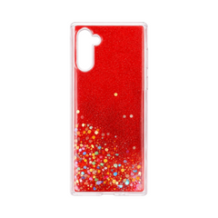 OBtech YOUNOS Samsung Galaxy Note 10 glitter case in vibrant red with multi-colored sparkling confetti accents