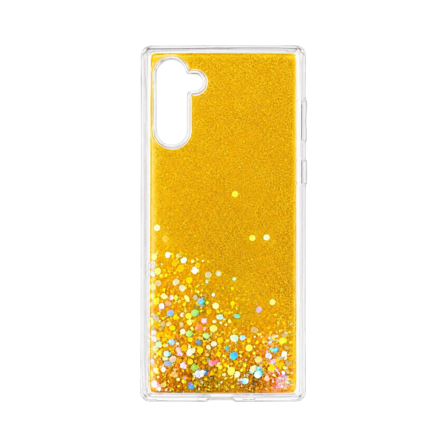 OBtech YOUNOS Samsung Galaxy Note 10 glitter phone case in vibrant yellow with multi-colored reflective particles