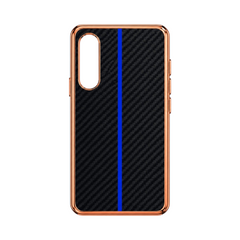 OBtech Samsung Galaxy Z Fold 3 5G case with black carbon fiber texture, blue vertical stripe, and rose gold frame.