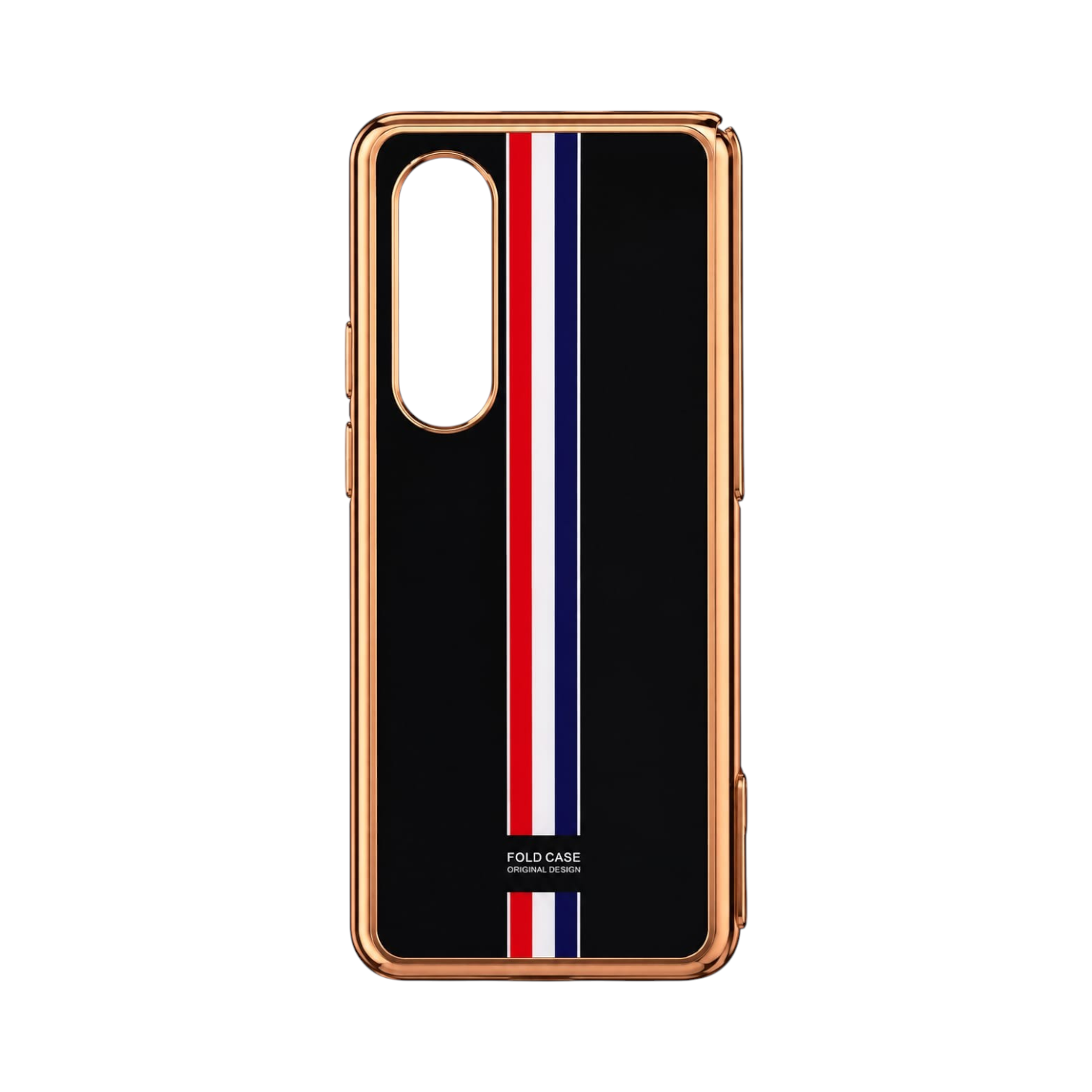 OBtech Samsung Galaxy Z Fold 3 5G case in black with a red, white, and blue vertical stripe and metallic gold frame.
